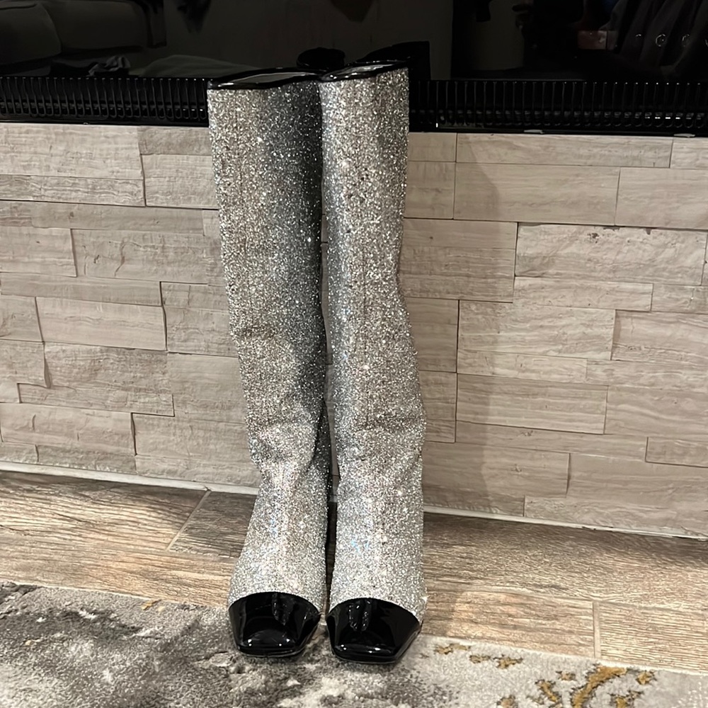 Authentic Chanel runway glitter knee high boots